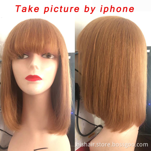 12 Inch Light Blonde Wig For Women 150% Density Machine Made Short Bod Wig Brazilian Straight Hair Pixie Cut Wigs With Bangs